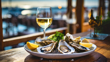 feast on some freshly shucked oysters and savor a glass of white wine in a vibrant seafood eatery ai generative - obrazy, fototapety, plakaty
