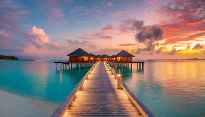 amazing sunset panorama at maldives luxury resort pier pathway soft led lights into paradise island beautiful evening sky and colorful clouds romantic beach background for honeymoon vacation - obrazy, fototapety, plakaty