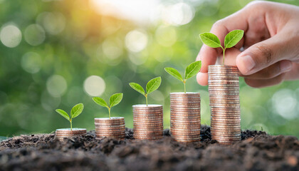 concept of financial investment money saving money growth business success and eco business investment sustainable finance hand holding step of coins stacks with tree growing on top - obrazy, fototapety, plakaty