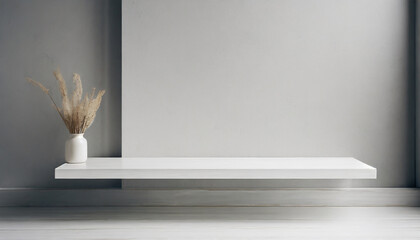 universal minimalistic background for product presentation white empty shelf on a light gray wall - obrazy, fototapety, plakaty