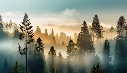 Papier Peint photo Lavable Matin avec brouillard abstract and geometric shape nature forest full of misty pine trees pc desktop wallpaper background ai generated