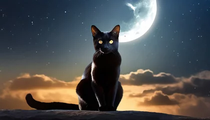 Tuinposter cinematic black cat with a crescent moon scene hd desktop wallpaper ai generated © Raymond