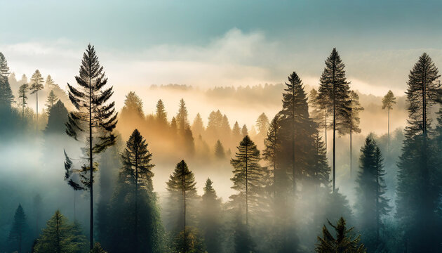 Fototapeta abstract and geometric shape nature forest full of misty pine trees pc desktop wallpaper background ai generated