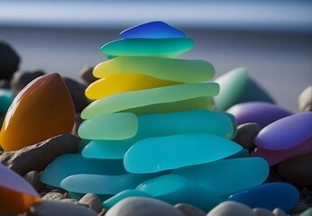 A vibrant collection of assorted colored sea glass scattered along the beach, near the water's edge, creating a beautiful mosaic