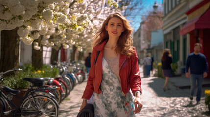 Beautiful elegant young model walking and strolling outdoors in sunny spring day.