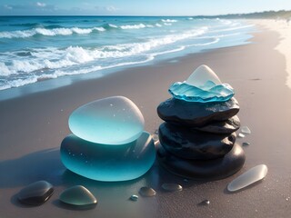 Close-up view of various colored sea glass glistening on the beach, near the water, capturing the essence of coastal treasures