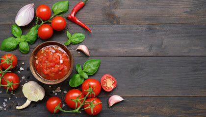 ingredients for making tomato salsa on dark wooden background traditional mexican sauce tomato basil spices chili pepper onion garlic vegan diet food concept top view with copy space - obrazy, fototapety, plakaty