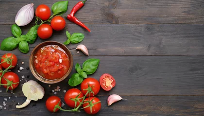 Fotobehang ingredients for making tomato salsa on dark wooden background traditional mexican sauce tomato basil spices chili pepper onion garlic vegan diet food concept top view with copy space © Raymond