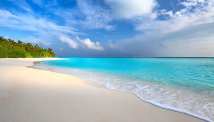 Fototapeta na wymiar beautiful sandy beach with white sand and rolling calm wave of turquoise ocean on sunny day on background white clouds in blue sky island in maldives colorful perfect panoramic natural landscape