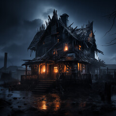 AI-generated haunted house in ghost town. Photo during night and full moon. Spooky halloween mood. 