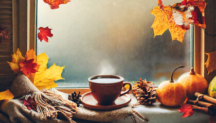 autumn frame border cup of hot autumn coffee or tea on the window living in hygge style hot drink in cold autumn weather - obrazy, fototapety, plakaty