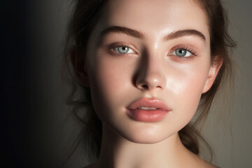 Fototapeta premium Portrait of beautiful woman, close up. Pretty face with clean skin, natural beauty. Facial treatment and skin care concept