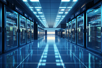 Fototapeta premium Vista interior de una data centre o CPD. Pasillos con racks de servidores y cabinas de almacenamiento