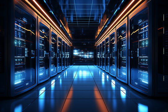 Vista interior de una data centre o CPD. Pasillos con racks de servidores y cabinas de almacenamiento