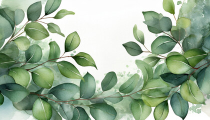 Fototapeta na wymiar background with leaves leaves falling on a watercolor background botanical watercolor illustration of green eucalyptus illustration ai generative