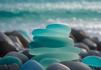 Beachcombing delight: an array of differently colored sea glass gems adorning the shoreline, near the water, under the sunlight