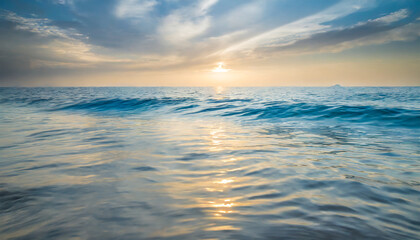Naklejka na ściany i meble dream majestic sea ocean water surface fantasy seascape closeup ripples waves soft golden blue colors panoramic background abstract nature sunset nature sunlight calm peaceful world environment day