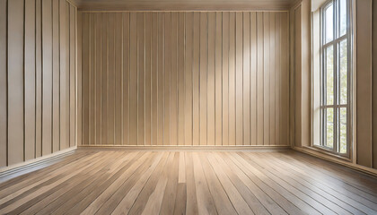light brown empty wall with decorative paneling and wood flooring with interesting light reflections background for the presentation