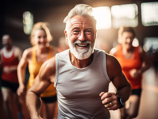 uomo anziano con barba bianca in primo piano che fa sport o balla, sullo sfondo altre persone del suo corso sfocate