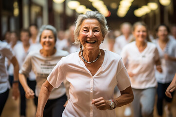 donna anziana in primo piano che fa sport o balla, sullo sfondo altre persone del suo corso sfocate