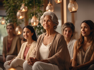 donna anziana  che prega in palestra di yoga, sfondo sfocato con altre persone , concetto di salute e benessere - obrazy, fototapety, plakaty