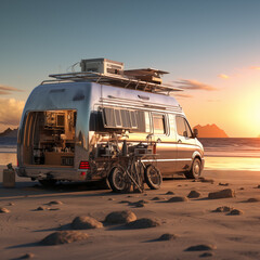 Futuristic AI-generated RV camper van. An adventurous explorer camping at the beach during sunset. Concept of adventure travel. 