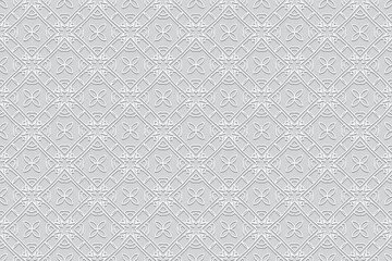 Embossed white background, cover design. Lace style, handmade. Geometric ethnic elegant 3D pattern. Arabesques of the East, Asia, India, Mexico, Aztec, Peru.
