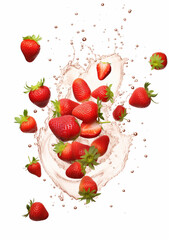 scattered strawberry, white background drop water created with Generative Ai