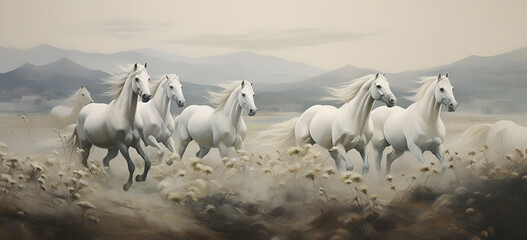 A group of horses is running on the beach White horses group running across Seaside Symphony White Horses in a Majestic Group Run.AI Generative - obrazy, fototapety, plakaty