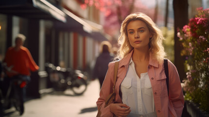 Fototapeta premium Beautiful elegant young model walking and strolling outdoors in sunny spring day.