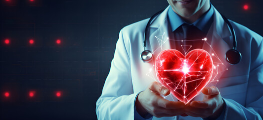A doctor holding a red heart and a modern virtual screen interface with medical icons representing the connection between service and medical technology.AI Generative