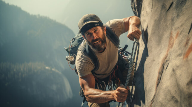Male rock climber makes his way up a technical rock face with a green forest in the background
