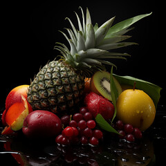 Grupo de frutas tropicales sobre un fondo negro