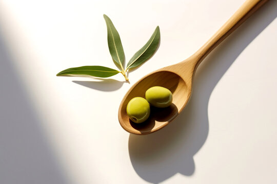 Olives in the small wooden tablespoon with branch of olive tree and soft shadow on white background, flat lay.