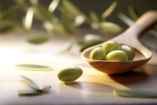 Olives in the small wooden tablespoon with branch of olive tree and soft shadow on the light wooden background.