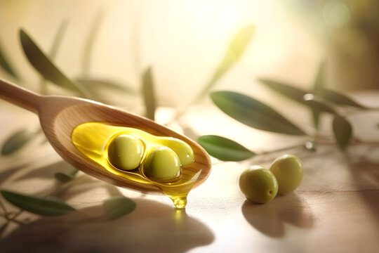 Olives, olive oil in the small wooden tablespoon with branch of olive tree and soft shadow on the light wooden background.