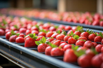 strawberries on conveyor belt at warehouse in background of modern factory.  Logistics concept of production and industry. - obrazy, fototapety, plakaty