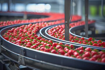 strawberries on conveyor belt at warehouse in background of modern factory.  Logistics concept of production and industry. - obrazy, fototapety, plakaty