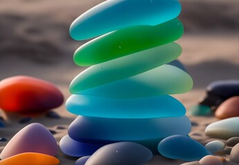 Beach treasures: Different colored sea glass pieces artfully placed on the sandy shore, near the water, enhancing the coastal charm