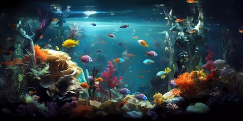 Naklejka na ściany i meble Tropical sea underwater fishes on coral reef. Aquarium oceanarium wildlife colorful marine panorama landscape nature snorkel diving