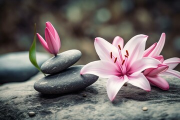 Fototapeta na wymiar Pink lily with stones and natural background, wellness concept. Generative AI