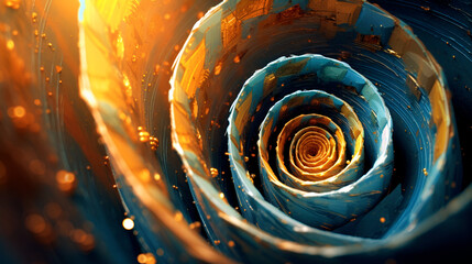 A descending fabric spiral in shades of orange and gold, plunging into the depths.