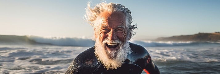 Elder Surfer Embracing Active Aging at the Beach, Generative AI - Powered by Adobe