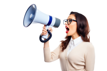A Chic Brunette Lady Shouting into a Loudspeaker