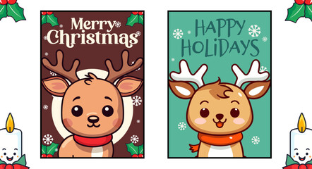 Set Collection of Cute Reindeer in Vector Animal Cartoon: Deer Character Showcased on Merry Christmas Greeting Cards and Posters for Kids
