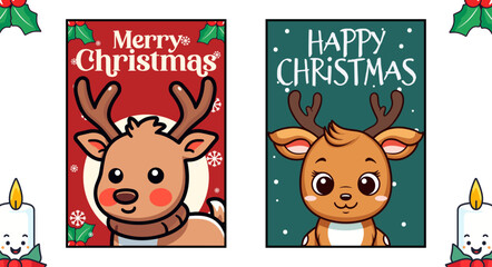 Fototapeta premium Kids’ Merry Christmas Greeting Cards and Posters: Featuring the Set Collection of Cute Reindeer in Vector Animal Cartoon
