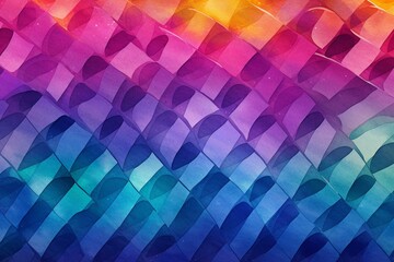 Rainbow watercolor brush pattern with geometric design on a dark violet background. Generative AI