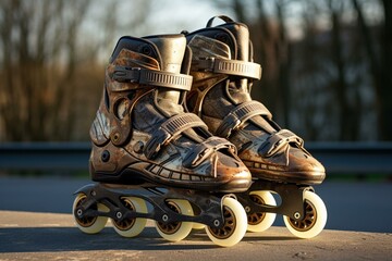 A picture of rollerblades on a plain backdrop. Generative AI - obrazy, fototapety, plakaty