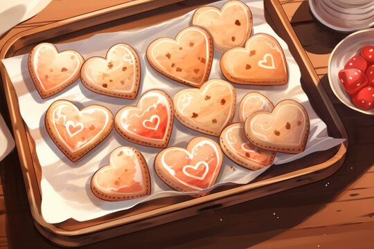 Illustration of heart-shaped cookies on a tray. Generative AI