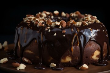 A cake with chocolate sauce, nuts, and drizzled chocolate on top. Generative AI
